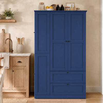 Farmhouse Kitchen Pantry with 4 Doors and Side Cabinets for Dining Room - Blue