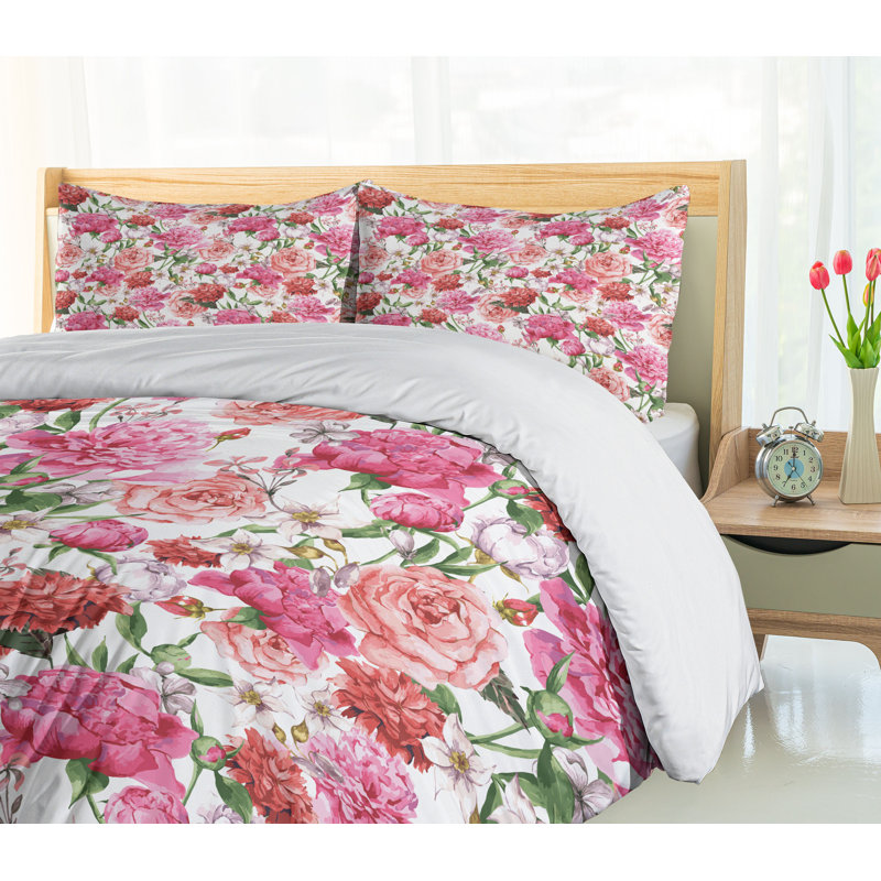 King White Pink Floral Duvet Cover Set with Shams