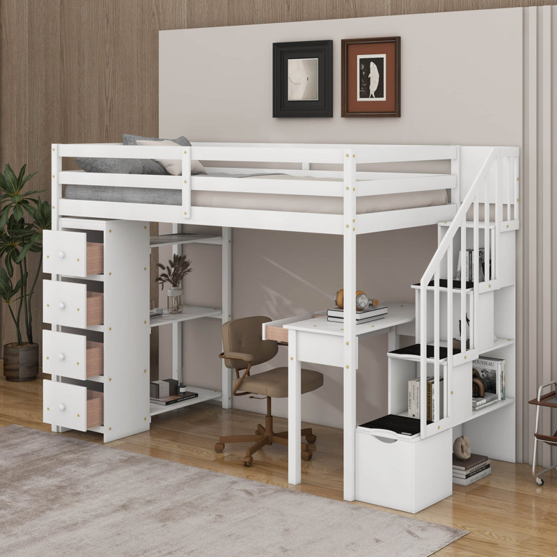 Lit mezzanine simple avec tiroirs, bureau, tablettes et escaliers, Blanc