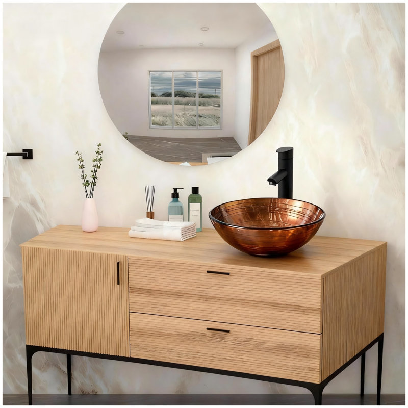 Vasque de salle de bain ronde en verre trempé brun avec bonde rétractable