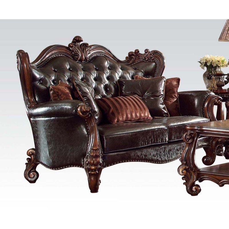 Versailles Upholstered Loveseat, Dark Brown Faux Leather , Cherry Oak