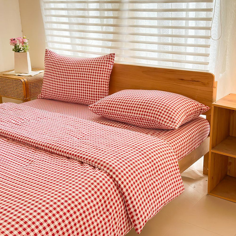 Ensemble d'édredon en microfibre prélavée Gingham, Vichy écossais rouge, Édredon très grand et 2 taies d'oreiller
