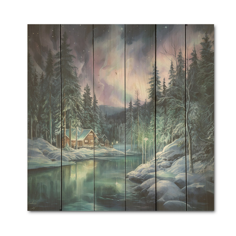 «Northern Lights Charm in Winter» - Art sur bois de pin naturel, H 15 po x l 15 po