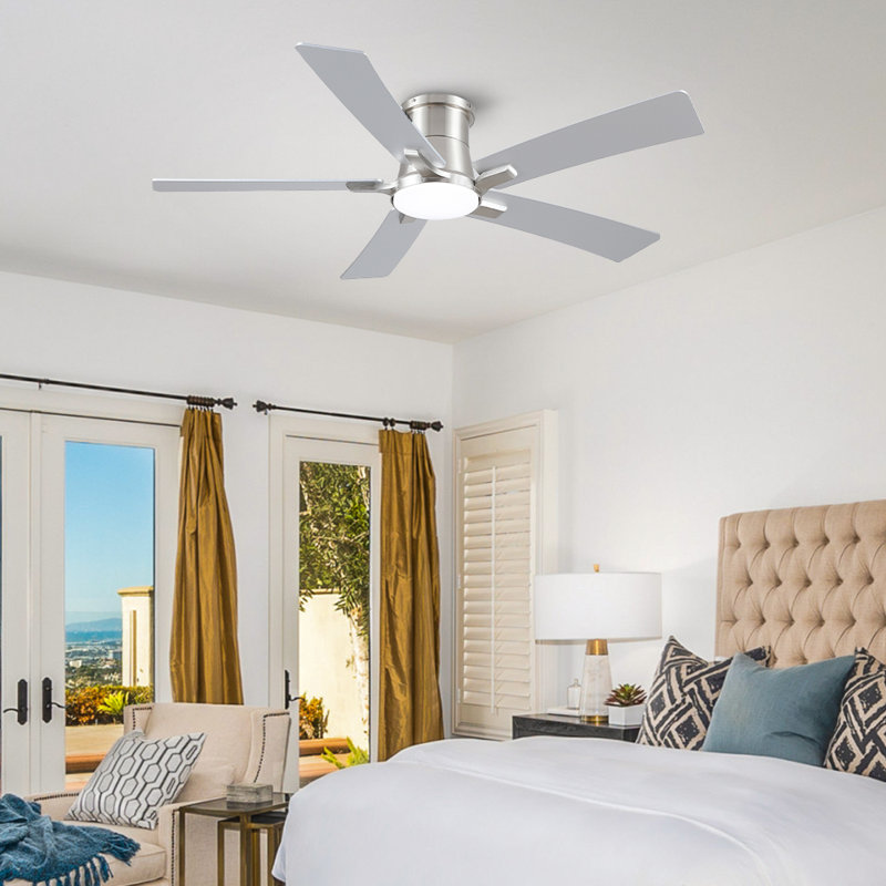 Modern 52" Indoor Brushed Nickel Flush Mount Ceiling Fan with Integrated LED, Remote and  5 Two-Tone Blades, 52", Silver