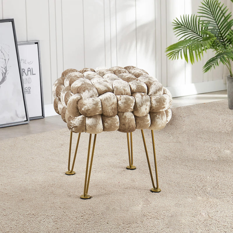 16" Wide Velvet Square Ottoman, Bleached Sand Velvet