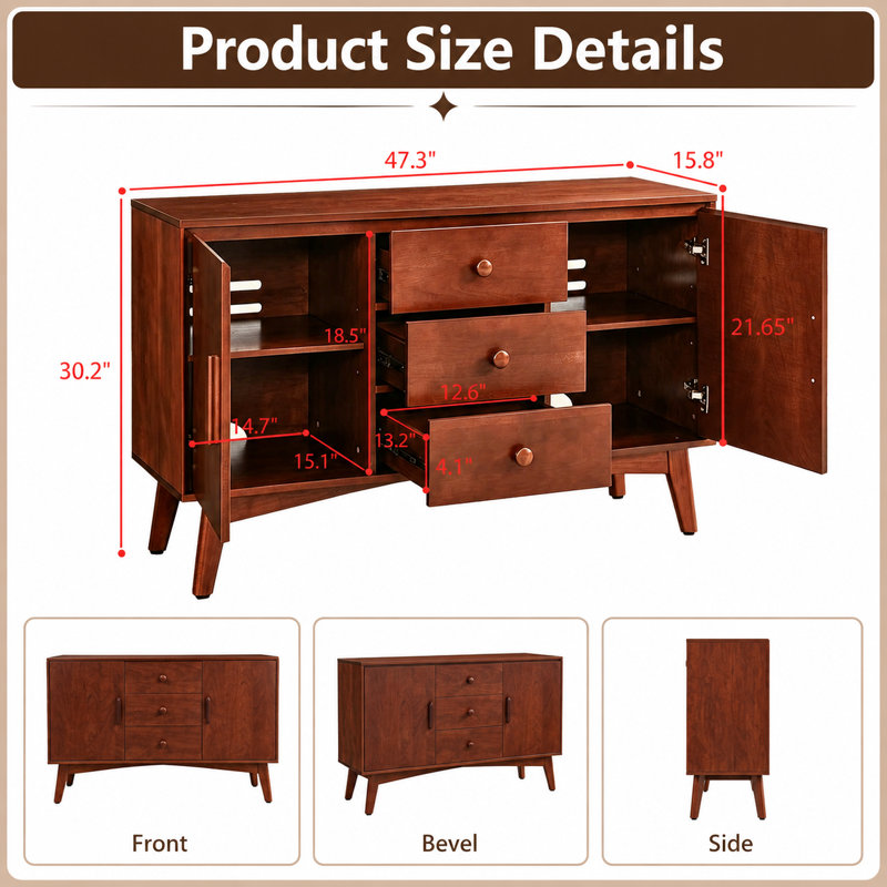 Buffet Mid-Century moderne, armoire de rangement de cuisine avec pieds en bois massif et poignées en bois, crédence autoportante avec 2 portes et 3 tiroirs