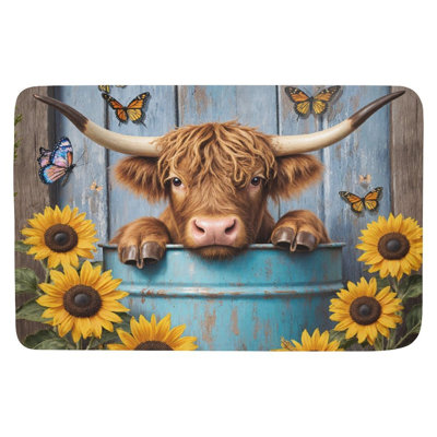 Blue Bucket Cow Sunflower Bath Rug, 36 X 24