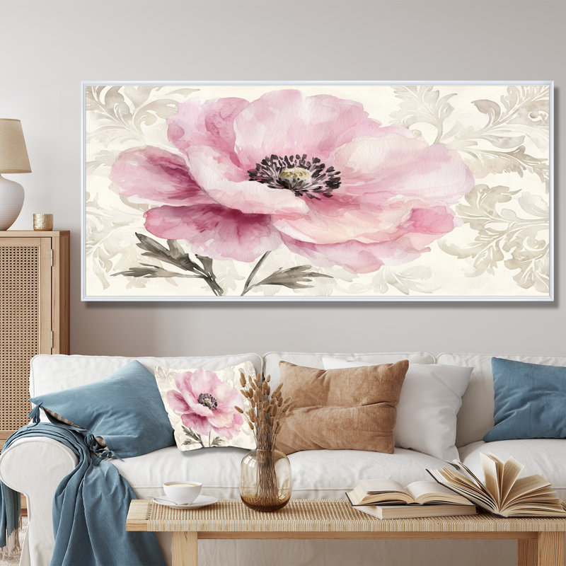 Babbitt, élégance rétro de pivoines roses III - pivoines, art mural, H 28 po x l 60 po, Impression encadrée flottante, Blanc