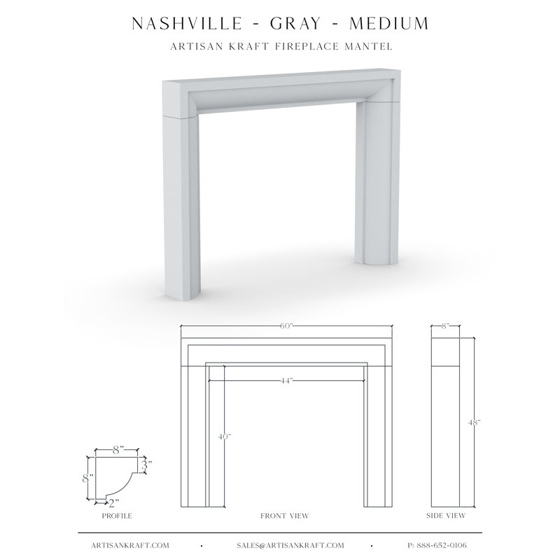 Enceinte de foyer en pierre Nashville avec foyer Bullnose, Gris, 7,5 po x 65 po x 50 po