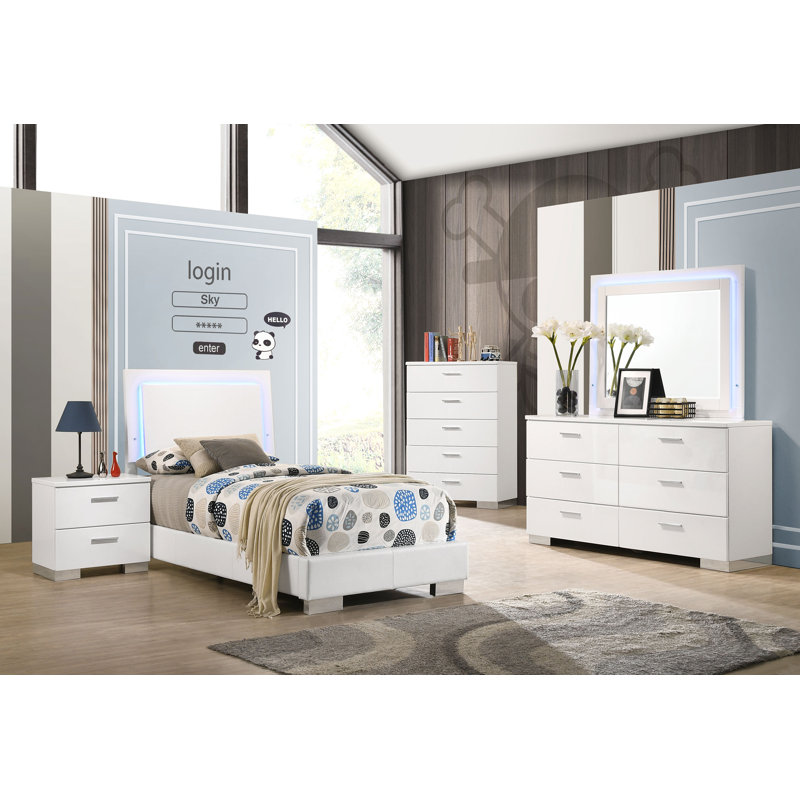 Dixie Glossy LED Lighting Panel Bedroom Set, 5 Pcs: Bed, Nightstand, Dresser, Mirror, Chest, California King