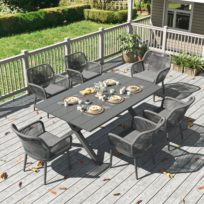 Outdoor Dining Set With Rectangular Dining Table And Chairs, Dark Grey Cushion/Grey Frame, 6