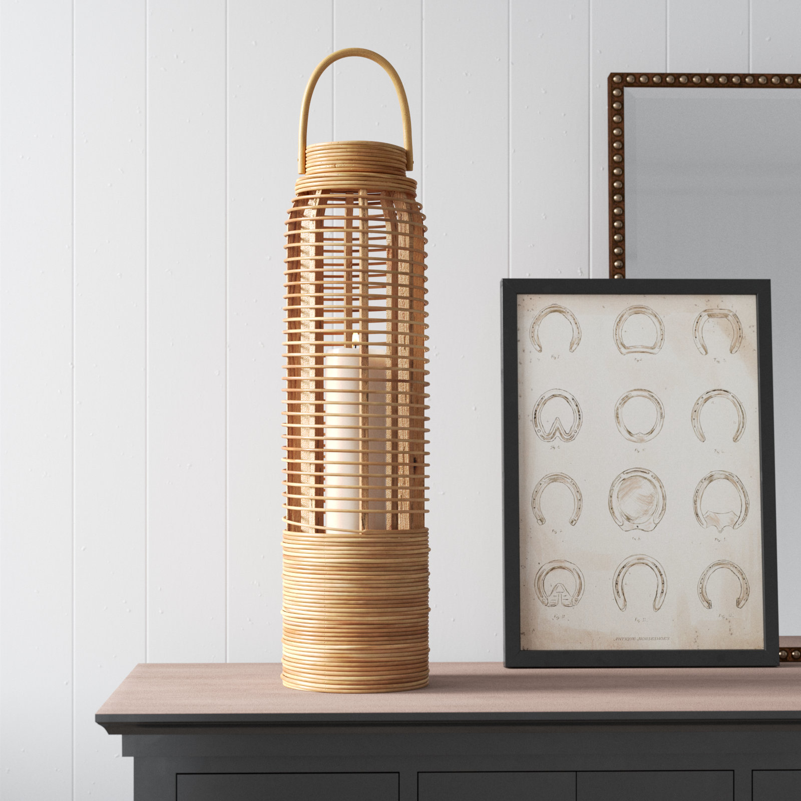 Rattan Tabletop Lantern, 27.5" H x 7" W x 7" D