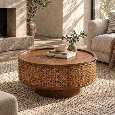 30.75 Inch Walnut Brown Round Rattan Coffee Table, Drum Pedestal Storage Coffee Table with Removable Lid for Living Room
