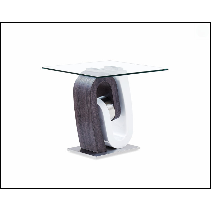Table de bout Rocky avec plateau en verre trempé transparent et base en métal deux tons, parfaite pour les espaces de vie modernes