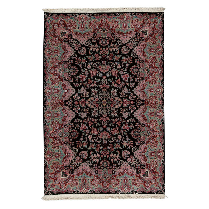 Tapis unique en laine noué à la main de 6 pi x 9 pi rouge / noir / vert / rose
