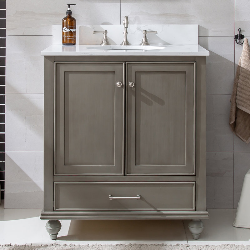 Ensemble de meuble-lavabo simple 30 po Angelissa, Gris argenté, Pierre naturelle blanc de Carrare