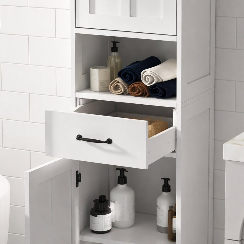 Armoire de rangement pour salle de bain mince kleankin, grande armoire de salle de bain, tour à linge avec tablette ouverte, tiroir, portes encastrées et tablettes réglables, blanc