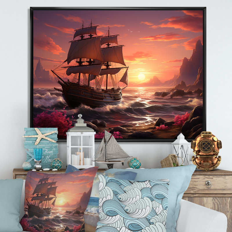 Caraïbes, crique de pirate 1 - Art mural pirate, Cadre flottant noir, H 34 po x l 44 po x P 1,5 po