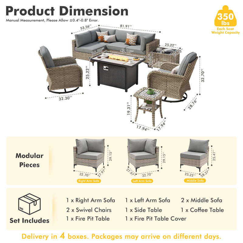 Ensemble de conversation pour patio 9 pièces avec foyer, table modulaire en osier, table basse éclairée et ensemble en rotin toutes saisons