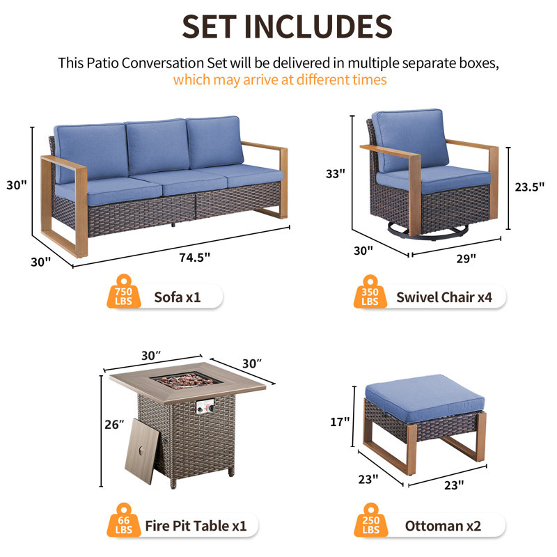 Palomares 8-Piece All Weather Outdoor Wicker Patio Square Fire Pit Conversation Set With 4 Swivel Gliders And 2 Ottomans