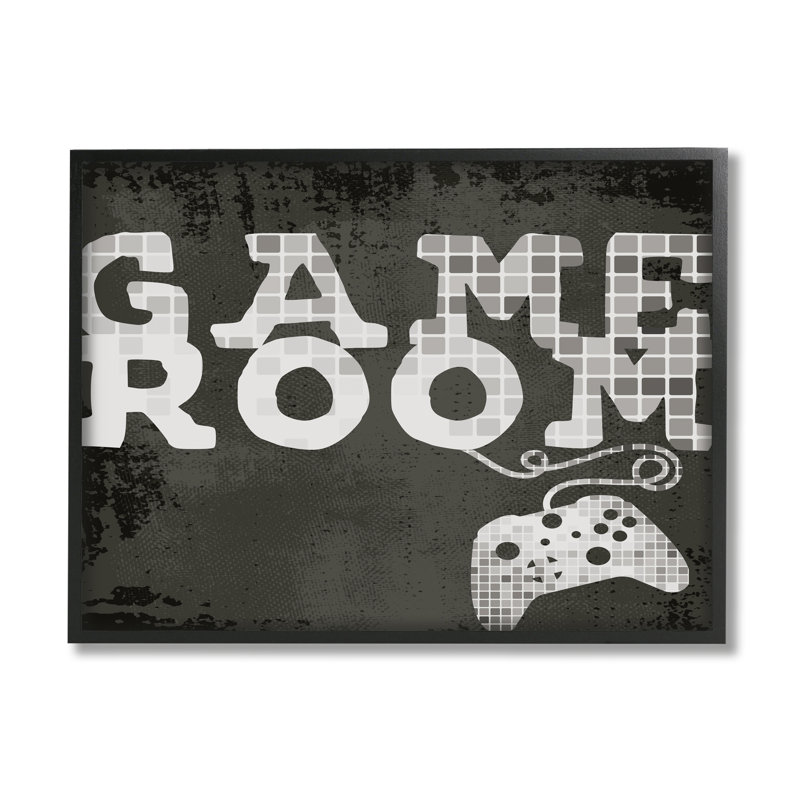 " Game Room Phrase Video Controller Geometric Pattern ", Midnight Black Framed Giclee, 16" H x 20" W
