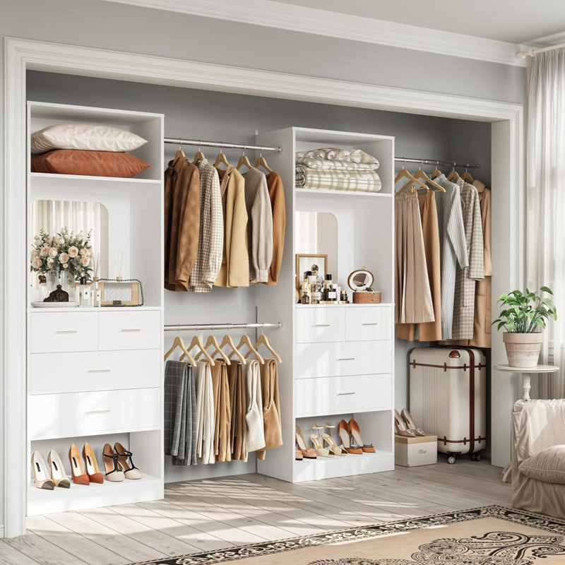 50'' - 168'' W Closet System with Wooden Drawers and Hanging Rods(cut To Fit), White