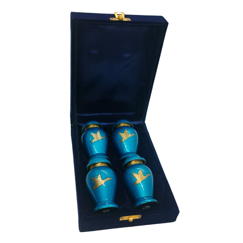 Flying Silver Geese Migration - Black with Silver Ring Unique Design Keepsakes Set of 4 for Ashes, Blue/Gold