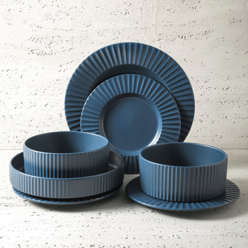 Ash Blue Ceramic 16-Piece Ridged Dinnerware Set