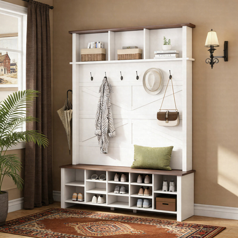 Farmhouse 4-In-1 Hall Tree With Bench, 6 Hooks & 16 Open Compartments, Entryway Shoe Organizer, White