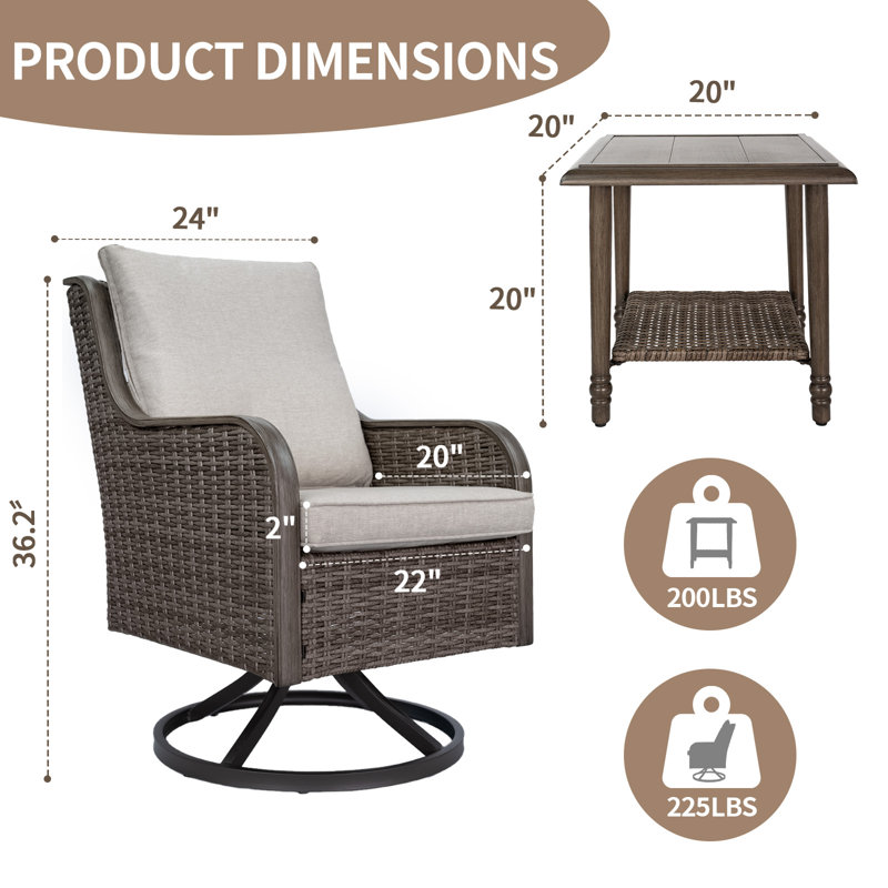 Boho Outdoor Swivel Chair with Weather-Resistant Cushions and End Table