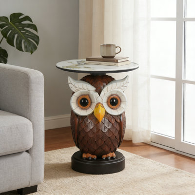 Table d'appoint hibou avec statue d'animal réaliste, plateau en faux marbre et base en résine durable pour l'élégance du salon