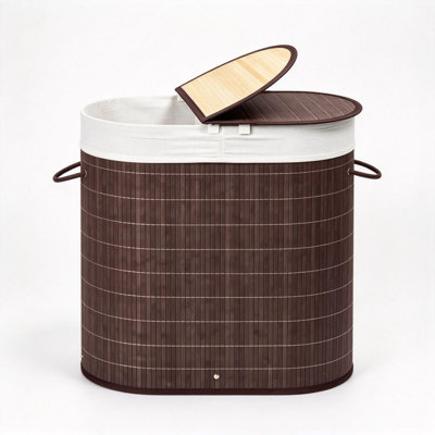 Modern Woven Bamboo Laundry Hamper, Dual Compartment Laundry Basket with Lid, Removable Fabric Liner & Side Handles for Dirty Clothes Storage