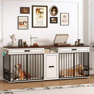 87In Double Dog Crate TV Stand With 6 Leash Hooks, 2 Rotatable Bowls, Built-In Trash Bin & Food Storage, 2 Top Drawers
