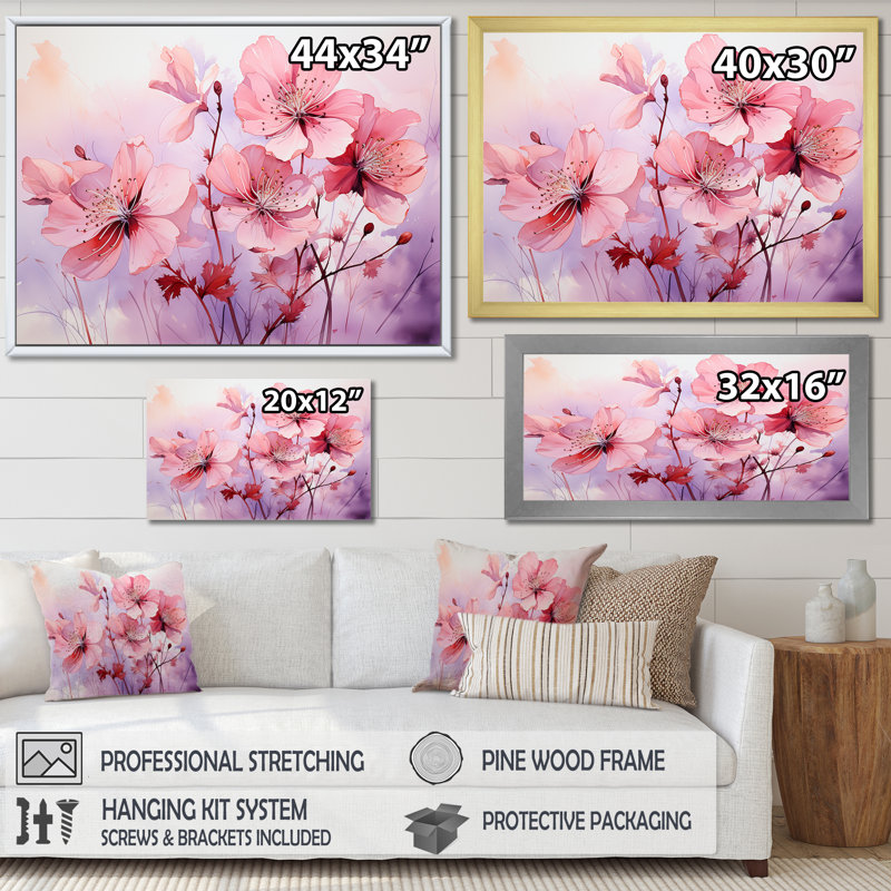 Mauve et rose coquelicots Meadows II - coquelicots, art mural, Cadre flottant noir, H 16 po x l 32 po x P 1 po