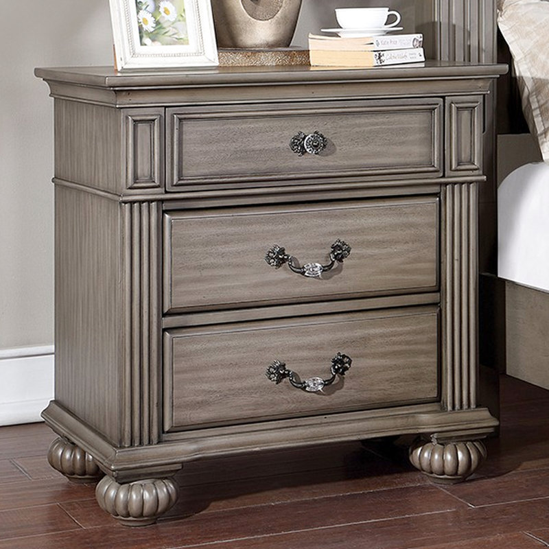 3 tables de chevet en bois massif gris avec glissières en métal, poignées en laiton antique et décor en acrylique pour la chambre à coucher 3 tiroirs, poignées en bronze