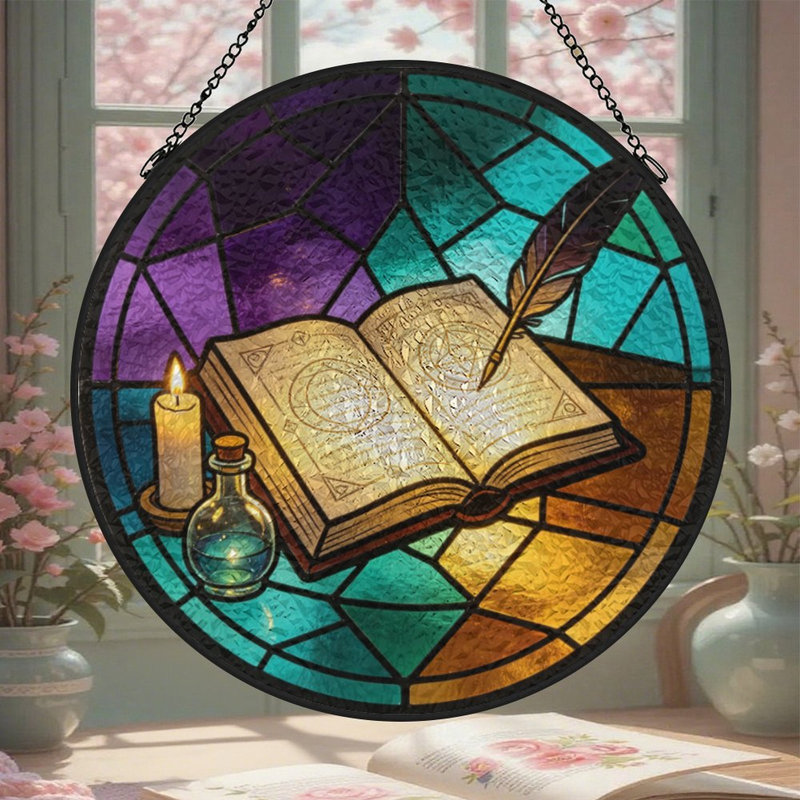 Vitrail, bougie, livre magique, plume de bougie et panneaux de vitrail Potion Suncatcher pour décor de fenêtre
