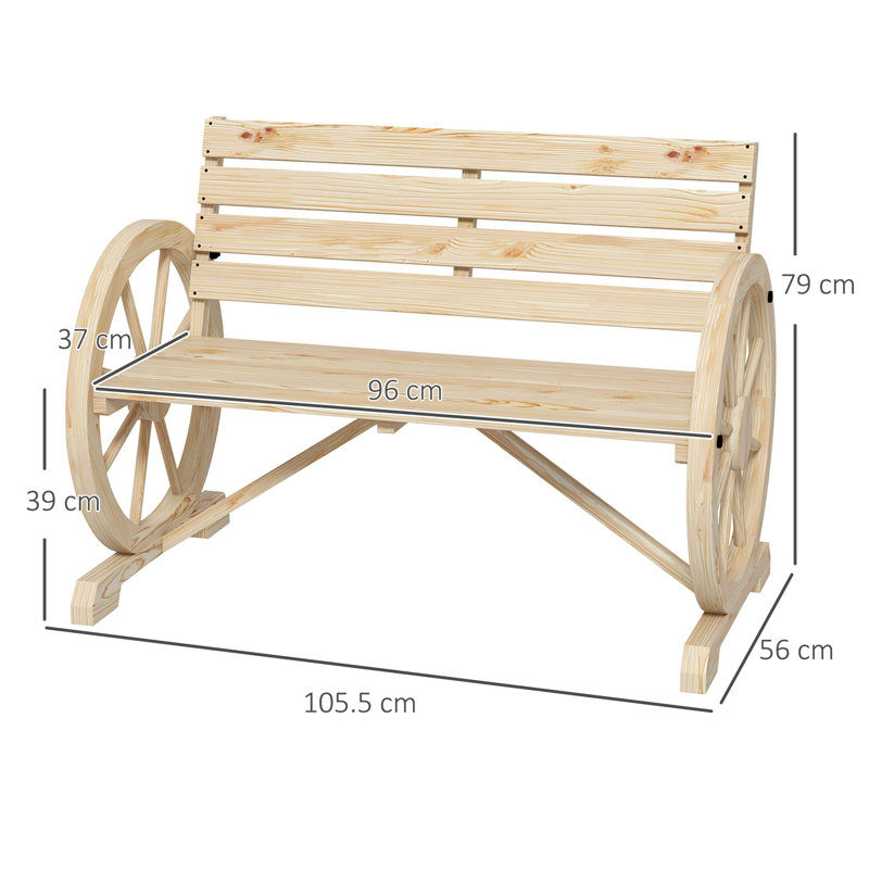 This two-seater garden bench features a rustic wooden bench for two people
