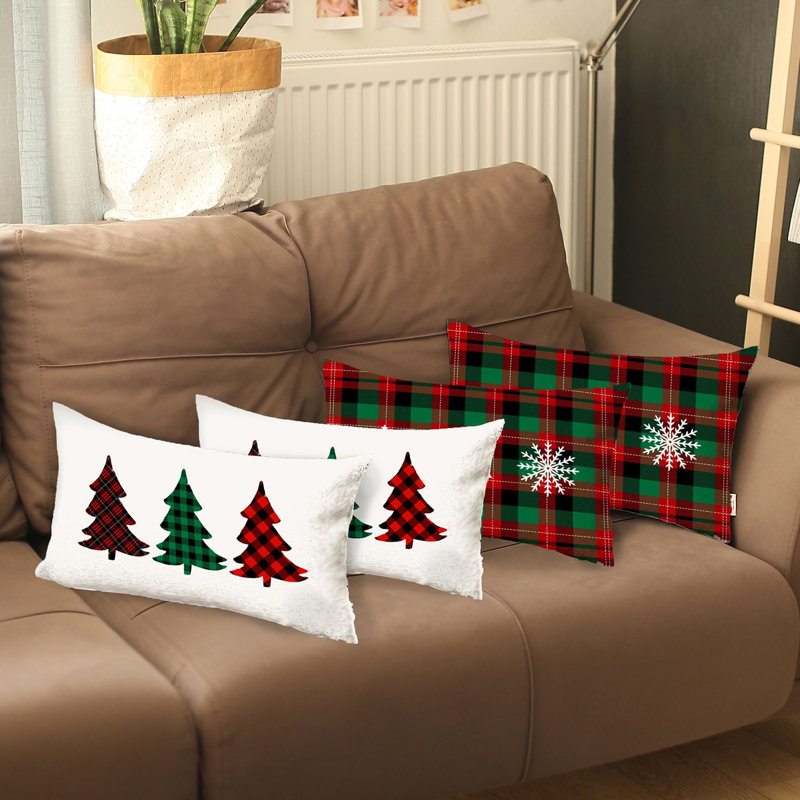 Red and White Polyester Christmas Tree Plaid Throw Pillow Covers, 12 x 20 in, Set of 4