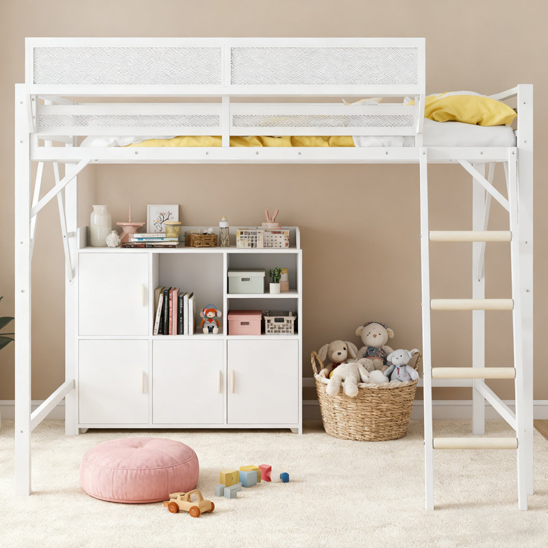 Loft Bed With Ladder, Metal Loft Bed With Storage Shelves, High Loft Bed For Kids Teens, Black, Full