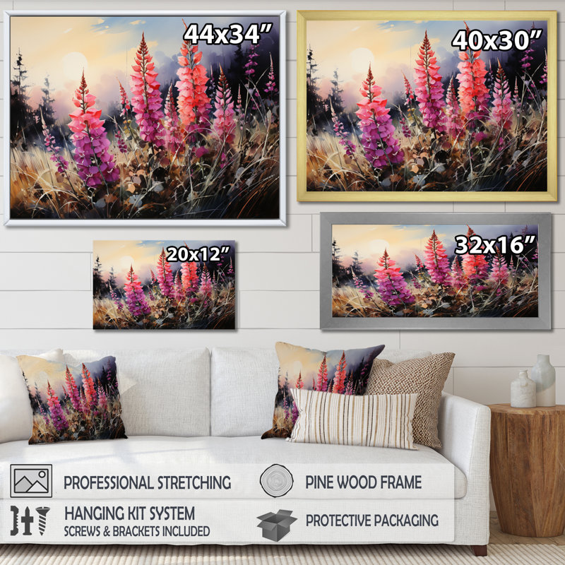 «Meadow Foxglove Fantasy I», reproduction sur toile, H 12 po x l 20 po x P 1 po, Cadre flottant blanc