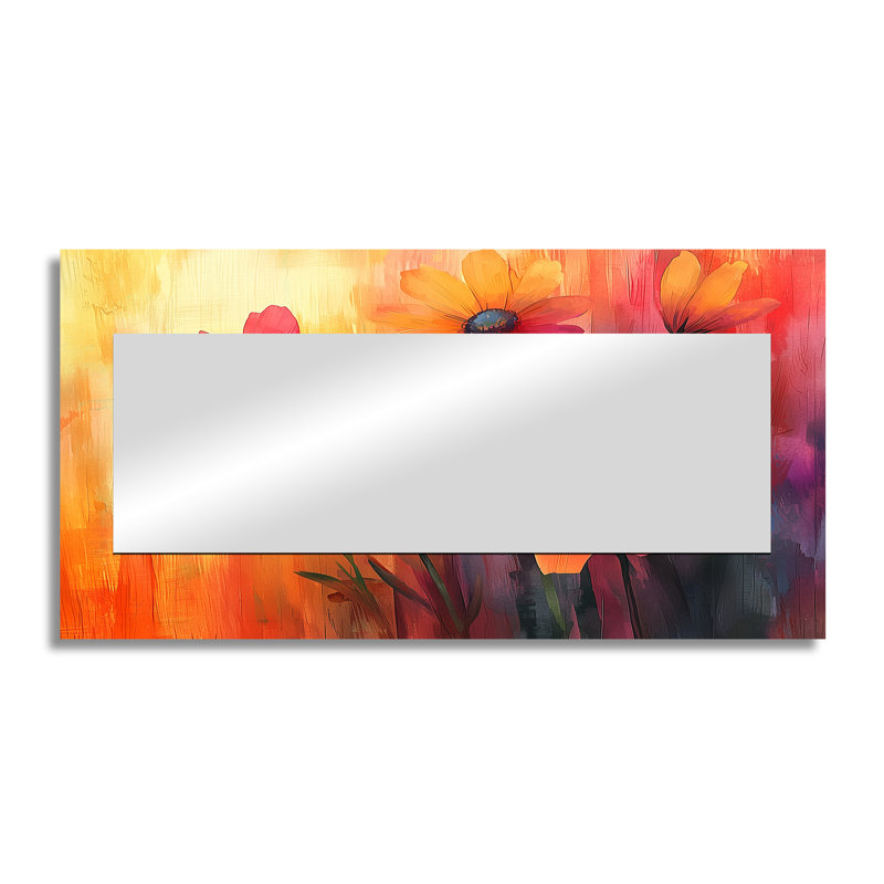 Orange dansant parmi les fleurs sauvages I - décoration murale miroir floral - imprimé sur métal, 28 po x 55 po