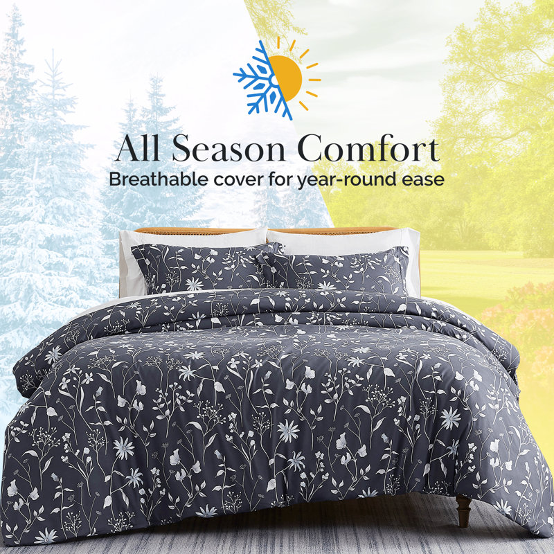 Secret Meadow Microfiber Reversible Duvet Cover Set, Dark Blue Floral 1, King Duvet Cover + 2 King Shams