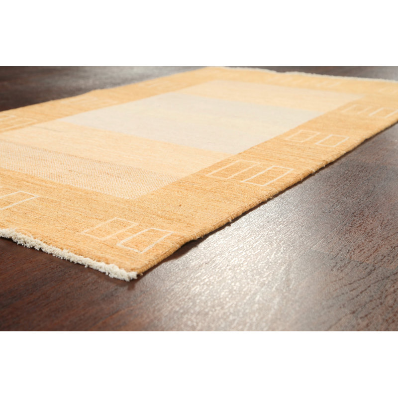 Tapis beige en laine noué à la main de conception unique 3 pi 2 po x 5 pi 4 po New Age