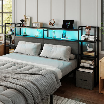 Tête de lit pour lit double avec tablettes de rangement latérales à 3 niveaux et 2 tiroirs, tête de lit à 2 niveaux avec station de charge et lumières DEL, hauteur réglable