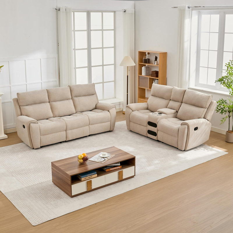 Ensemble de canapé inclinable manuel en tissu doux 2 pièces, canapé inclinable 3 places et causeuse 2 places avec console de rangement centrale, mobilier de cinéma maison inclinable pour salon, appartement et sous-sol