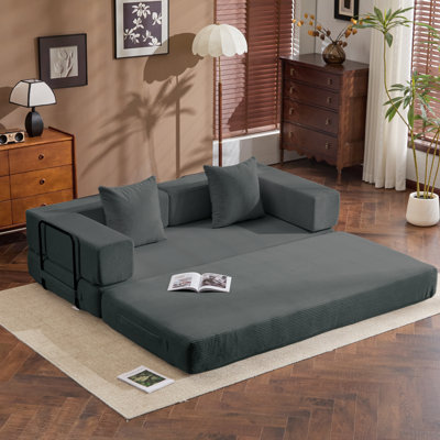 Convertible Sleep Sofa Bed With Armrests And Backrest, Corduroy Folding Couch With 2 Pillow, Modular Sectional For Living Room, Bedroom, Studio-No Assembly Needed
