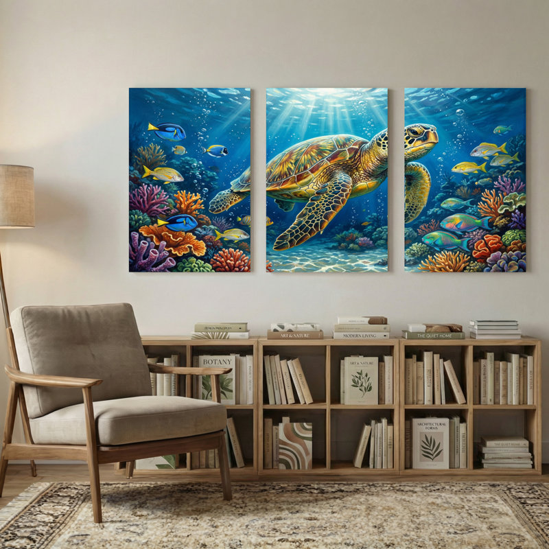 Animaux, tortue de mer, récif de corail, poisson, océan, lumière du soleil, scène sous-marine, ensemble de 3 impressions sur toile