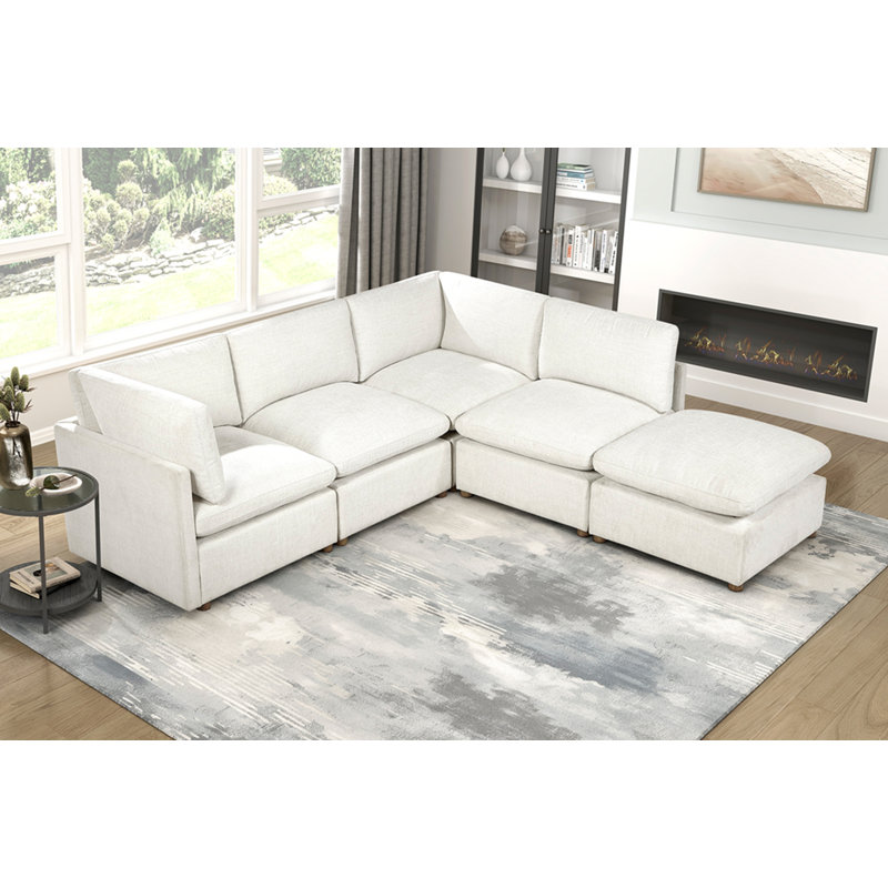 Canapé modulaire moderne 5 pièces avec repose-pieds et tissu beige avec revêtement en bois massif durable