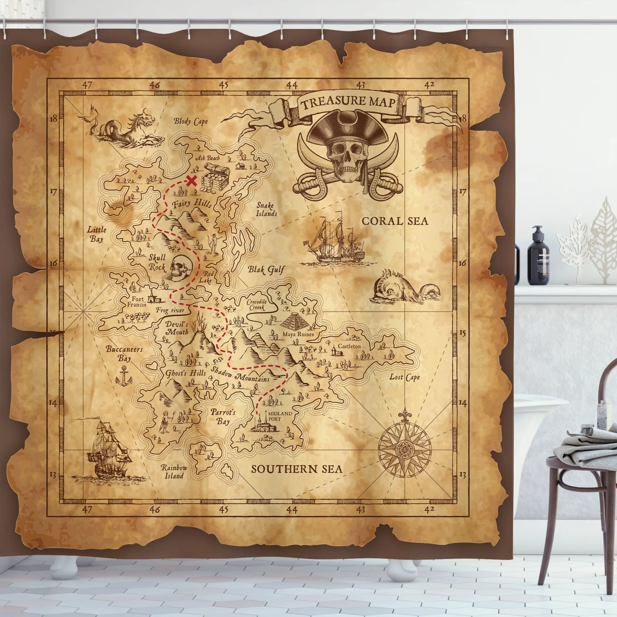 Zoomie Kids Susanna Old Paper Treasure Map Shower Curtain + Hooks ...