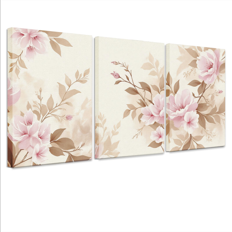 «Blush Floral Vine», ensemble de 3 reproductions botaniques sur toile tendues, H 18 po x l 36 po